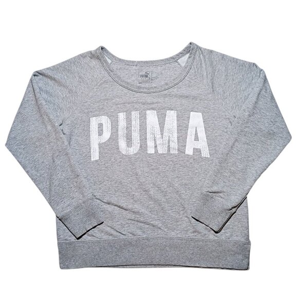 PUMA Women’s L Gray White Graphic Logo Athletic Pullover Sweatshirt Sportwear - Picture 4 of 12